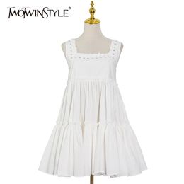 White Casual Dress For Women Square Collar Sleeveless High Waist Pleated Solid Dresses Females Summer Clothing 210520