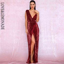 LOVE&LEMONADE Sexy Deep Red Deep V-Neck Whit Split Sequins Party Maxi Dress LM81849 210331