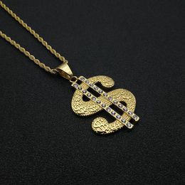 Hip Hop Gold Colour Stainless Steel Necklace Iced Out Cubic Zirconia Dollar Sign Rock Pendant Bling Rapper Hiphop Men Jewerly