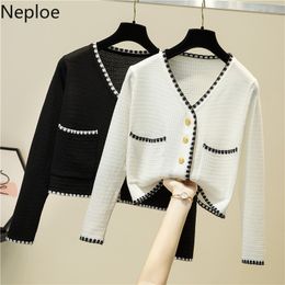 Neploe Woman Jacket Korean Chic Knitted Cardigan Temperament Slim Fit Thin Tops V-neck Long Sleeve Short White Coat Femme 95082 210422