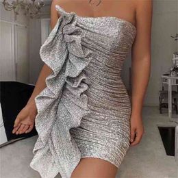 Sexy Woman Silver Strapless Ruffles Mini Dress Spring Fashion Ladies Slim Shiny Party es Female Elegant 210515