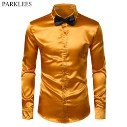 Shiny Gold Silk Dress Shirt Men Satin Smooth Men Slim Fit Button Down Shirts Mens Party Wedding Prom Shirt With Bowtie 3XL 210522