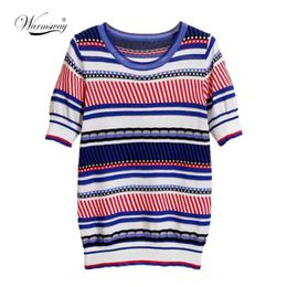 Summer Knitted Striped Top High Quality Women's O-Neck Short Sleeve T Shirt Female Pullover Tops B-120 210406