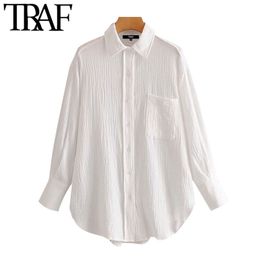 TRAF Women Chic Fashion Office Wear Pockets Loose Blouses Vintage Lapel Collar Long Sleeve Female Shirts Chic Tops 210415