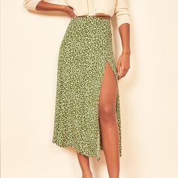 Fashion vintage skirt flower polka dot print high waist stretch split long A-line s for women beach maxi W220314