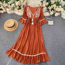 Summer Women Party Maxi Embroidery Ruffle Pleated Slit Tassel Vintage Long Tunic Vacation Dress 210415