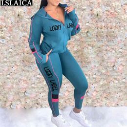 Two Piece Set Women Fashion Letter Print Autumn Skinny Long Pants and Hooded Tops Sets Casual Sportswear Plus Size Solid Outfits 210515