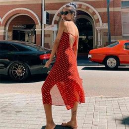 Casual red polka do dress summer women backless chiffon holiday boho beach vestidos slit sun see through 210427