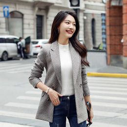 Slim-fit women's jacket with high quality temperament small plaid in the long ladies suit Winter office blazer Female 210527