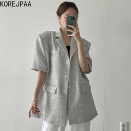 Korejpaa Women Jackets Summer Korean Chic Ladies Retro Lapel Three Button Design Loose Casual All-Match Short-Sleeved Suit 210526