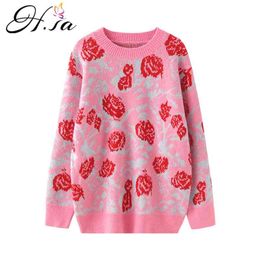 Women Sweater and Pullovers Oneck Korean Pink Oversized Jumpers Floral Rose Sweaters Knitted Pull Femme Hiver 210430