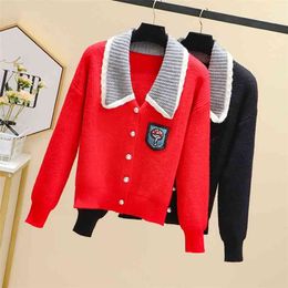 Plus Size Women's Autumn and Winter Wear Fat Sister Mm Fashion Lapel Sweater Lazy Knit Cardigan Jacket GX1223 210507