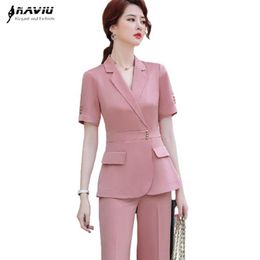 Women Fashion High-End Professional Pants Suit Summer Short Sleeve Blazer and Trousers Office Ladies Formal Work Wear 210604