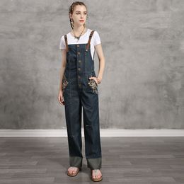 Johnature Leisure Retro Patchwork Embroidery Pockets Denim Straight Jumpsuits Summer Loose Women Full Length Jumpsuits 210521