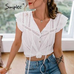 Cotton White Short-sleeved Casual Loose Summer Women Tops Elegant Lace-up Fashion Holiday Button Lady Blouse 210414