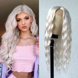 Platinum Blonde Synthetic Lace Wigs 24 Inches Long Body Wave Synthetic Wig White Wavy Lace Wigs for Women 220121