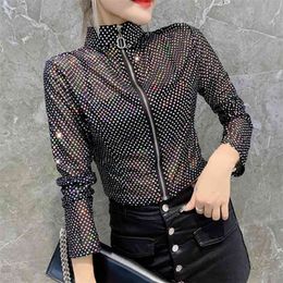 Spring Shiny T-shirt Cardigan Women Sequined Bling Zipper Transparent Short Tops Crop Top Stretchy Long Sleeve ropa mujer 210421