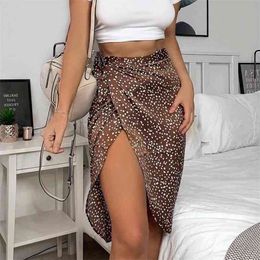 Foridol leopard print dot khaki wrap midi skirt high waist sash khaki casual skirts womens autumn winter bottoms 210415