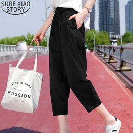 Cotton Linen Fashion Harem Pants Women Summer Loose High Sweatpants Solid Elastic Waist Ladies Trousers 9211 50 210417