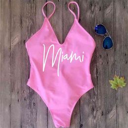 Female Thong Padded Sexy One Piece Swimsuit Miami HOLA Beaches Women Fused Swimwear Backless Bather Monokini Beachwear 210407