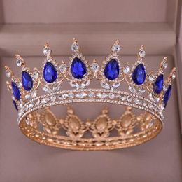 Vintage Baroque Bride Crown Gold Blue Crystal Wedding Crown for Queen King Round Diadem Head Jewellery X0726