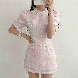 Summer Sexy Lace Patchwork Tweed Dress Women Korean Elegant Long Sleeve Small Fragrant Woollen Mini Party Vestidos 210514