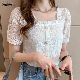 Summer Square Collar Lace Women Shirt Short Sleeve Hollow Out Top Single Breasted Clothing Tops Blouse 14409 210521