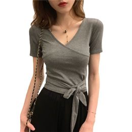 Solid Colour Grey T-shirt Women Summer Fashion Bandage Bow V-neck Top Plus Size Slim Short Sleeve Shirt Female LR1083 210531