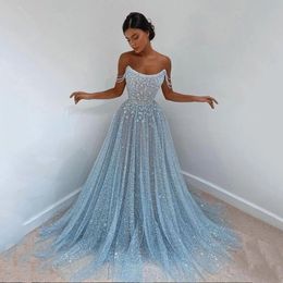 Shiny Sky Blue Beaded Prom Dresses Off Shoulder Sweep Train Plus Size Formal Evening Special Occasion Gowns For Arabic Women Robe De Novia