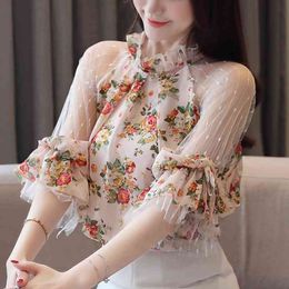 Women tops Print Women's Clothing lace blouses shirt Summer sexy office Ruffle Chiffon Half sleeves hollow out blusa 87i3 210420