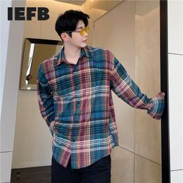 IEFB Men's Wear Vintage Red Plaid Long Sleeve Shirt Loose Big Size Turn Down Collar Single Breasted Blouse Tops For Male 9Y5552 210524
