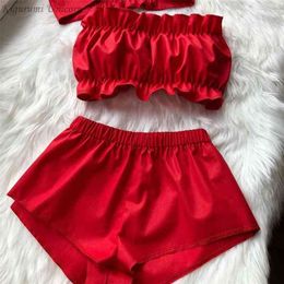 Design Pink Pyjamas Sets Women Lace Satin Sexy Lingerie Sleepwear Pyjamas Girls Cute Sexy Casual Homewear Nightwear 210831