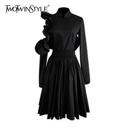 Patchwork Ruffle Backless Sexy Dress Women Long Sleeve Turtleneck Fashiopn Dresses Female Black Casual Clothes 210520