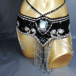 style Women sequins Belly Dance Costume Hip Scarf Wrap bellydance Belt with tassel beads waist chain