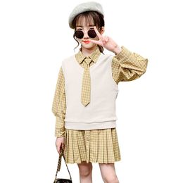 Children Clothes Plaid Dress+ Vest For Girls Spring Autumn Tracksuit Girl Casual Style Kids 6 8 10 12 14 210528