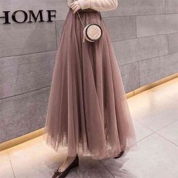 Summer Tulle Skirts Womens Midi Pleated Skirts Black Tulle Skirt Women Spring Fashion Elastic High Waist Mesh Tutu Skirts 210412