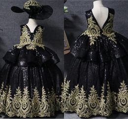 Chic Black Sequins Ivory Lace Flower Girl Dresses Party For Wedding 2021 V-neck Two Layers Ball Gown Mini Quinceanera Dress Toddler Teens