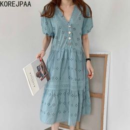 Korejpaa Women Dress Summer Korean Chic Ladies French Gentle Temperament V-Neck Loose Embroidered Lace Puff Sleeve Vestidos 210526