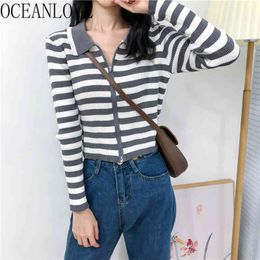 Mujer Chaqueta Striped Zipper Short Slim Sexy Women Sweaters Autumn Korean Vintage Cardigans Knit Wear 18511 210415