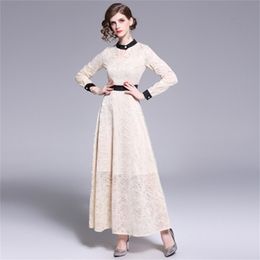 Women Lace Dress Stand Collar Hollow Out Long Sleeve Party See-through Flower Embroidery Fairy 210603