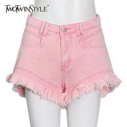 Pink Patchwork Tassel Denim Short Pants For Women High Waist Casual Loose Shorts Female Summer Fashion Clothes 210521