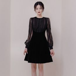 LLZACOOSH Autumn Party Black Dress Women Runway Mesh Patchwork Velvet Long Sleeve office Dress Vintage Sexy Dot Dress 210514