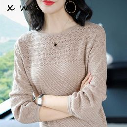 chic casual Autumn Winter Basic O-neck Sweater pullovers Women loose Knit Pullover female hollow out Khaki Sweater 210604