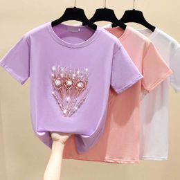 Short Sleeve T Shirt Women Summer Tops Beading T-Shirt Female Korean Cotton Pink Tshirt Woman Clothes Tee Shirt Femme 210604