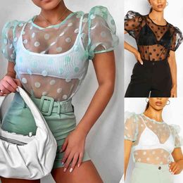 Sexy Dot T-Shirts Women Mesh See Through O-Neck Bubble Short Sleeve Summer Tees Ladies Tulle Slim Black Party Club Pullover Tops 210507