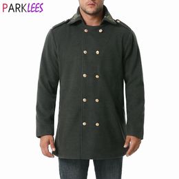 Gray Double Breasted Pea Coat Men Winter Stylish Gold Embroidery Mens Trench Coat British Style Male Overcoat Windbreaker 210522