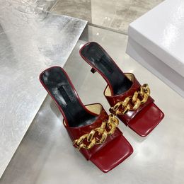 red platform chunky heels UK - 2021 Women Sandals Lacquered Leather High Heels 5.5CM Square Head Chain Sandal Platform Slipper Chunky Heel Height Shoes Summer Flops Red