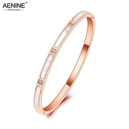 Aenine Luxury Cz Crystal 4mm Cuff Bangles for Women White Shell Titanium Stainless Steel Bracelets Jewelry for Women Ab5 Q0717