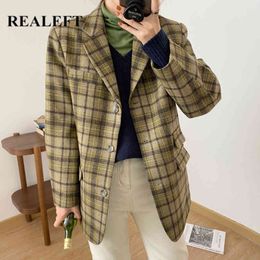 Autumn Winter Woollen Plaid Striped Single Breasted Women Blazer Long Sleeve Turn Down Collar Jacket Outwear 210428