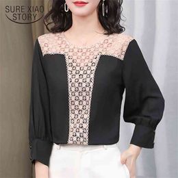 Office Lady Plaid O Neck Blouse and Tops Fashion Hollow Out Chiffon Women Shirt Black Plus Size Female Clothing 13222 210415